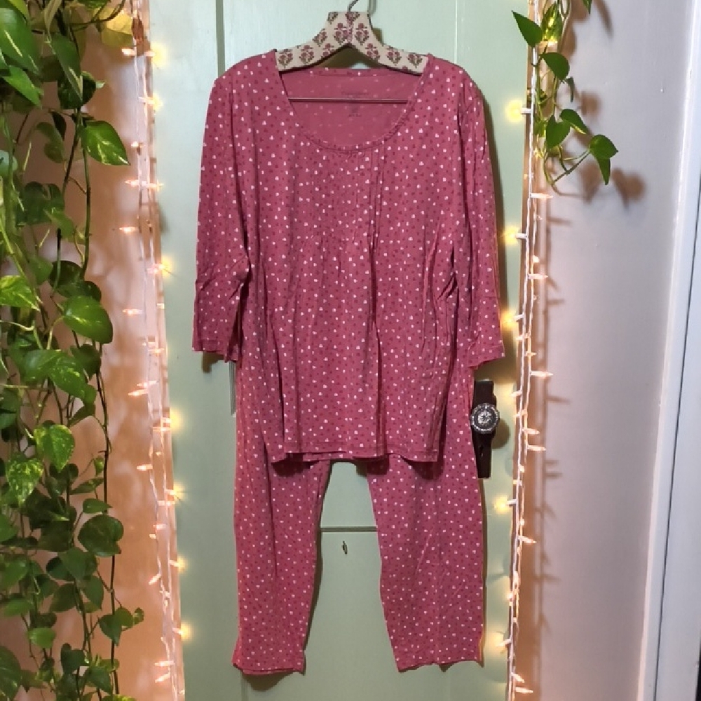 Women's Cuddle Down 100% Pima L Pink Heart Dot Semi Sleeve Pajama Set - Picture 7 of 13